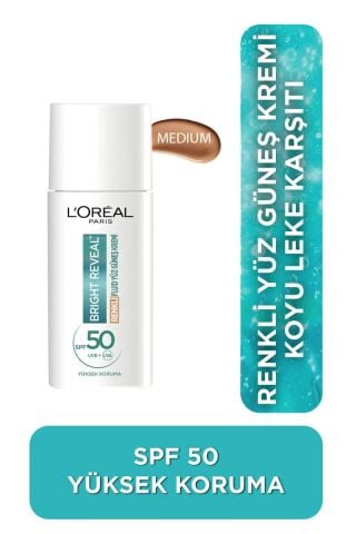 L'Oreal Paris Bright Reveal Spf 50+ Koyu Leke Karşıtı Renkli Fluid Günlük Yüz Güneş Kremi 50ml - Medium
