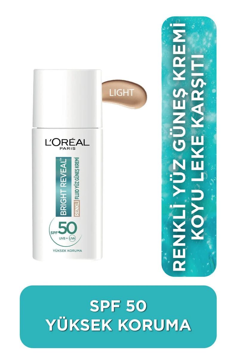 L'Oreal Paris Bright Reveal Spf 50+ Koyu Leke Karşıtı Renkli Fluid Günlük Yüz Güneş Kremi 50ml - Light