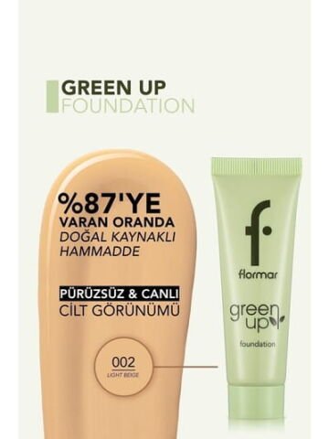 Flormar Green Up Vegan Formüllü Doğal Görünüm Veren Nemlendirici Fondöten - 002 Light Beige