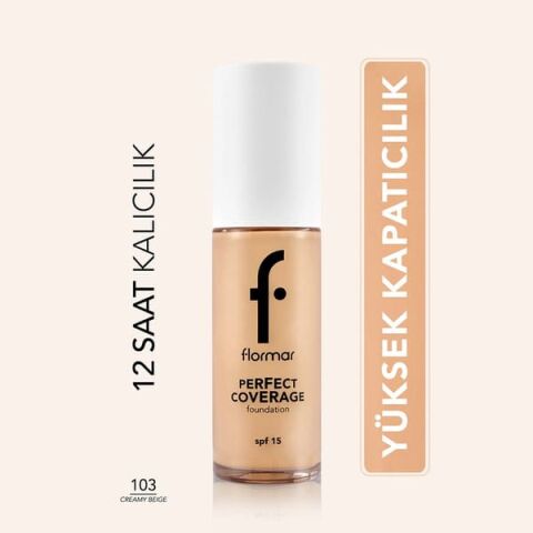Flormar Perfect Coverage Yoğun Kapatıcı Su Bazlı Fondöten (Sıcak Alt Ton) -103 Creamy Beige
