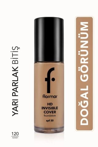 Flormar Invisible Cover HD Hafif Yapılı & Yarı Parlak Bitişli SPF30 Fondöten 120 Honey