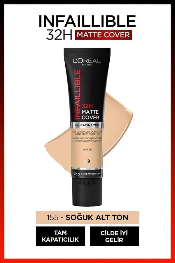 L'oréal Paris Infaillible 32h Matte Cover Yüksek Kapatıcı Fondöten - 155 Soğuk Alt Ton
