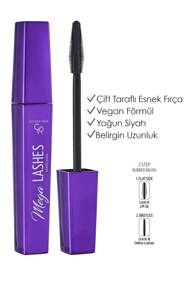 Golden Rose Mega Lashes Mascara Çift Taraflı Esnek Fırçalı Yoğun Siyah Maskara